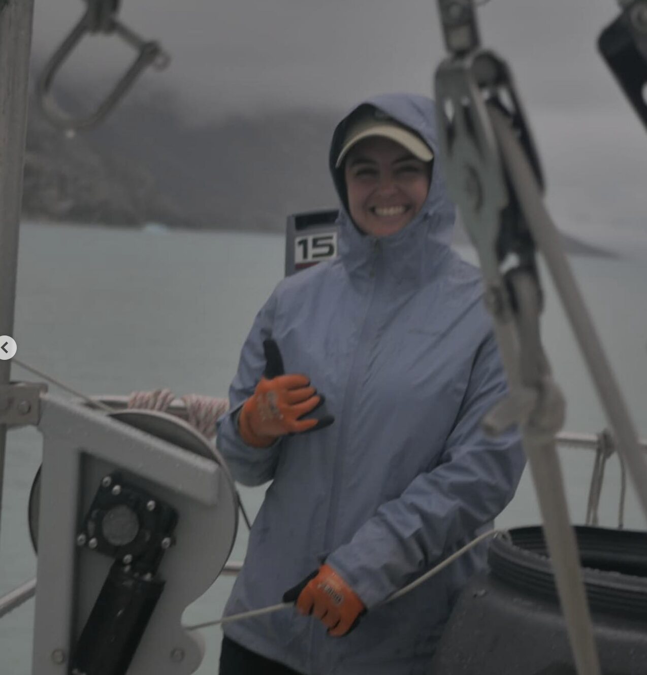 Jacquelyn Veatch working on deck in foul-weather gear